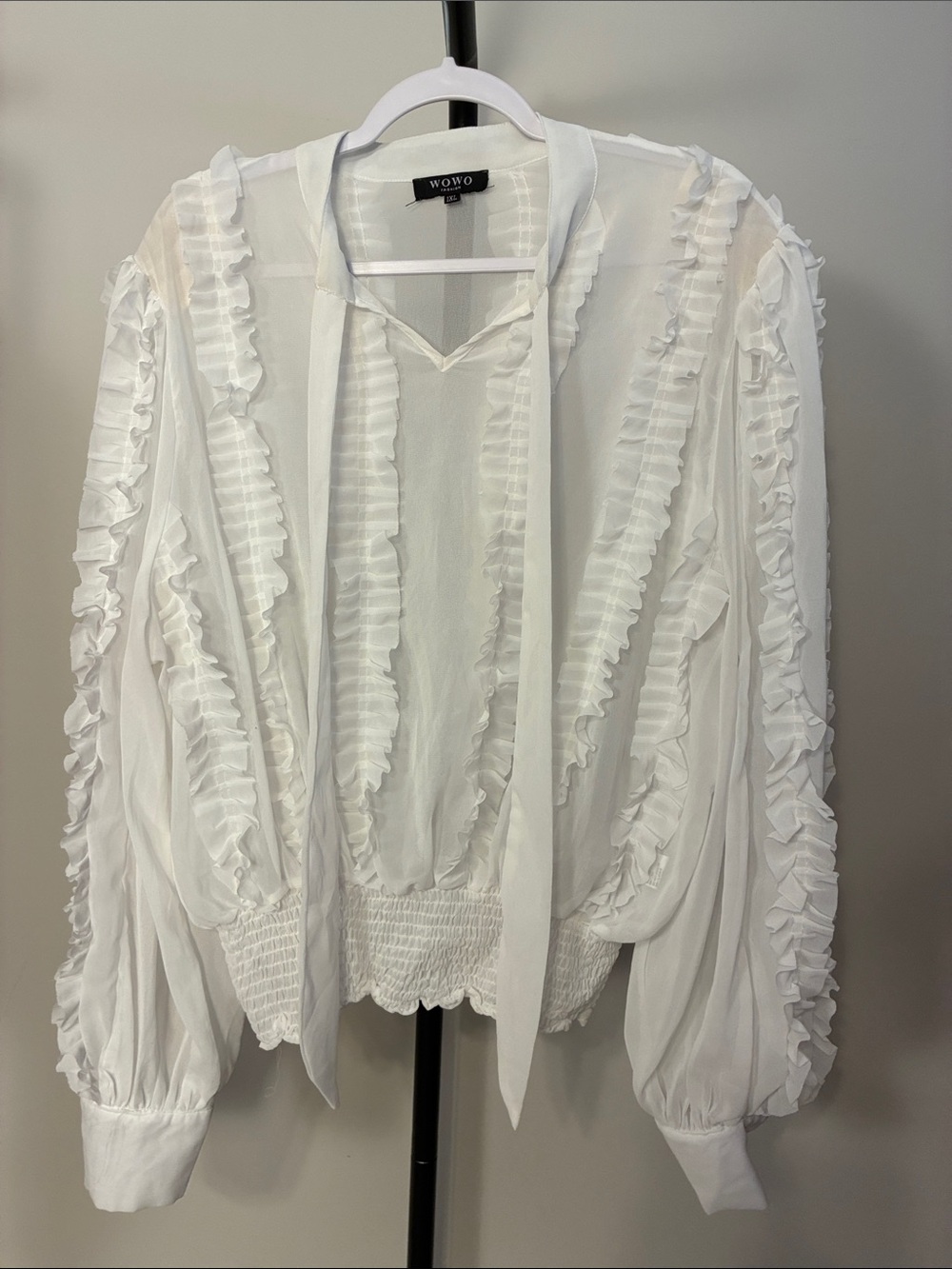 Wowo White Ruffle Tie-Neck Women's Blouse Sheer Top Smock Waist Plus 1XL